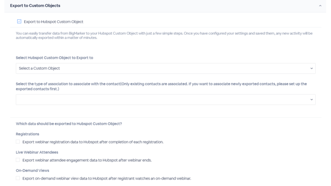 Configuration settings to customize export of registrant data to custom objects