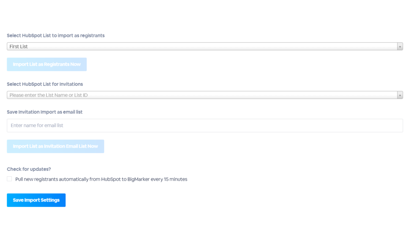Configuration settings to customize list import from HubSpot to Bigmarker