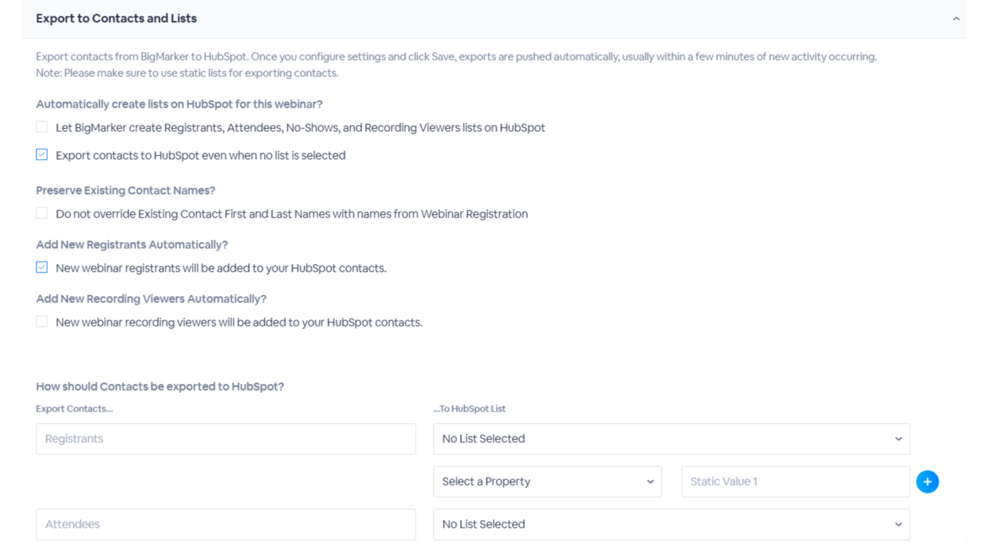Configuration settings to customize export of registrant data to HubSpot lists