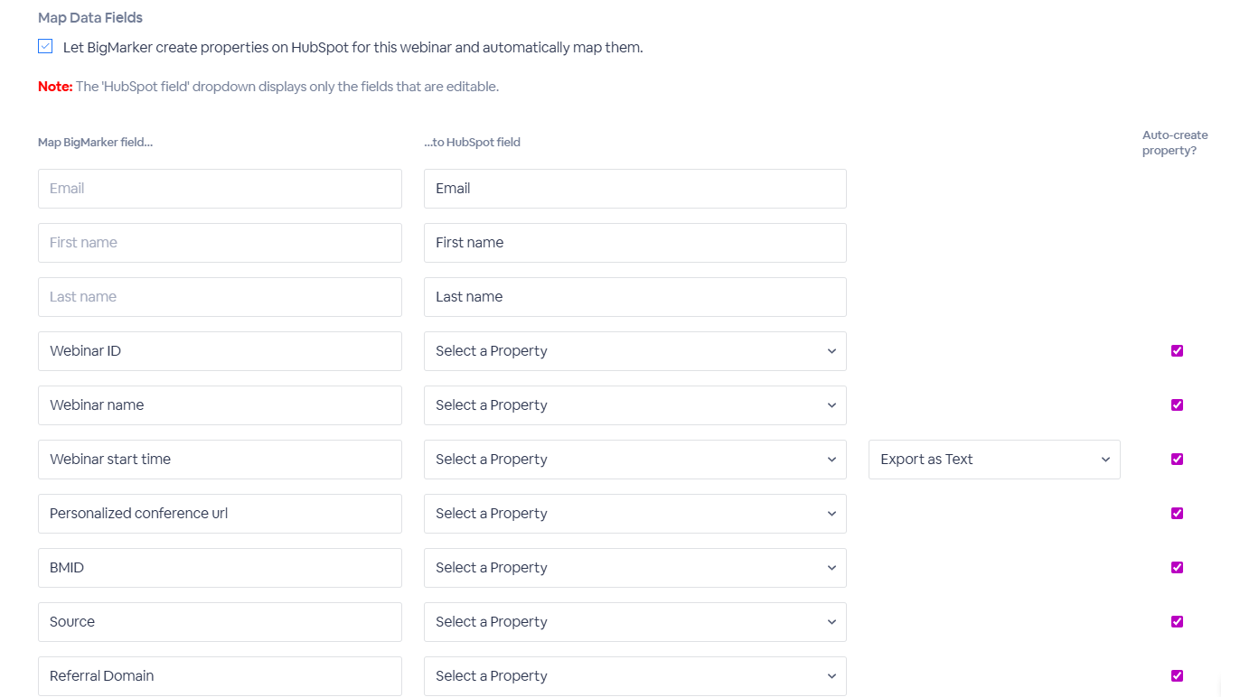 Sample selection of webinar registration fields available for mapping