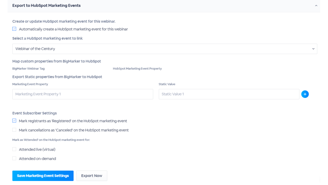 Configuration settings to customize registrant export to HubSpot marketing events